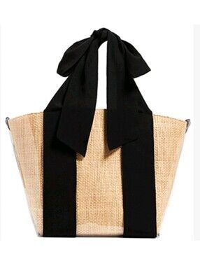 Pamela Munson Woven Straw Tote Bag Grosgrain Ribbon Ribbon Bow Handle